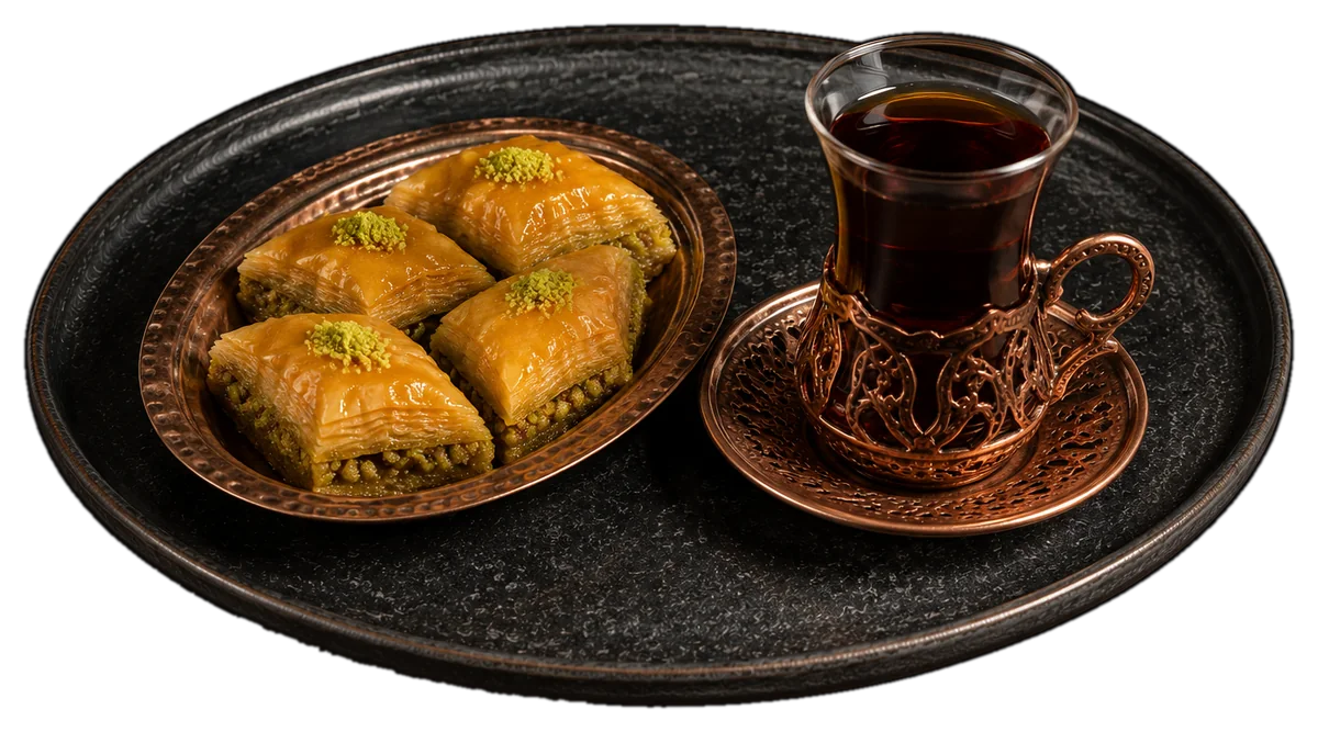 Pakhlava with pistachio on a copper tray beside an armudu glass of black tea