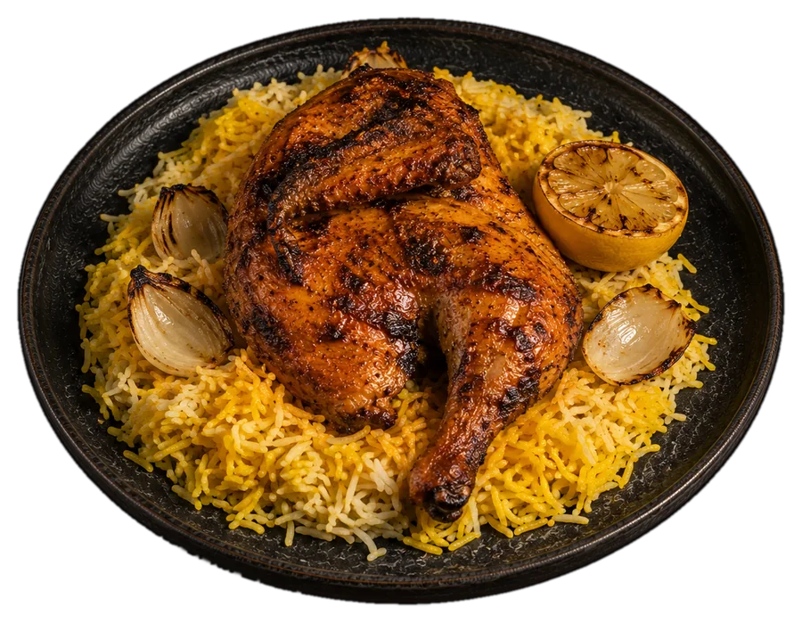 Roasted half chicken with charred skin on saffron rice with grilled onion and a lemon half
